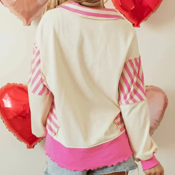 Apricot Casual Women's Lapel Knitwear Style Side Slit Striped Top - Picture 5 of 7